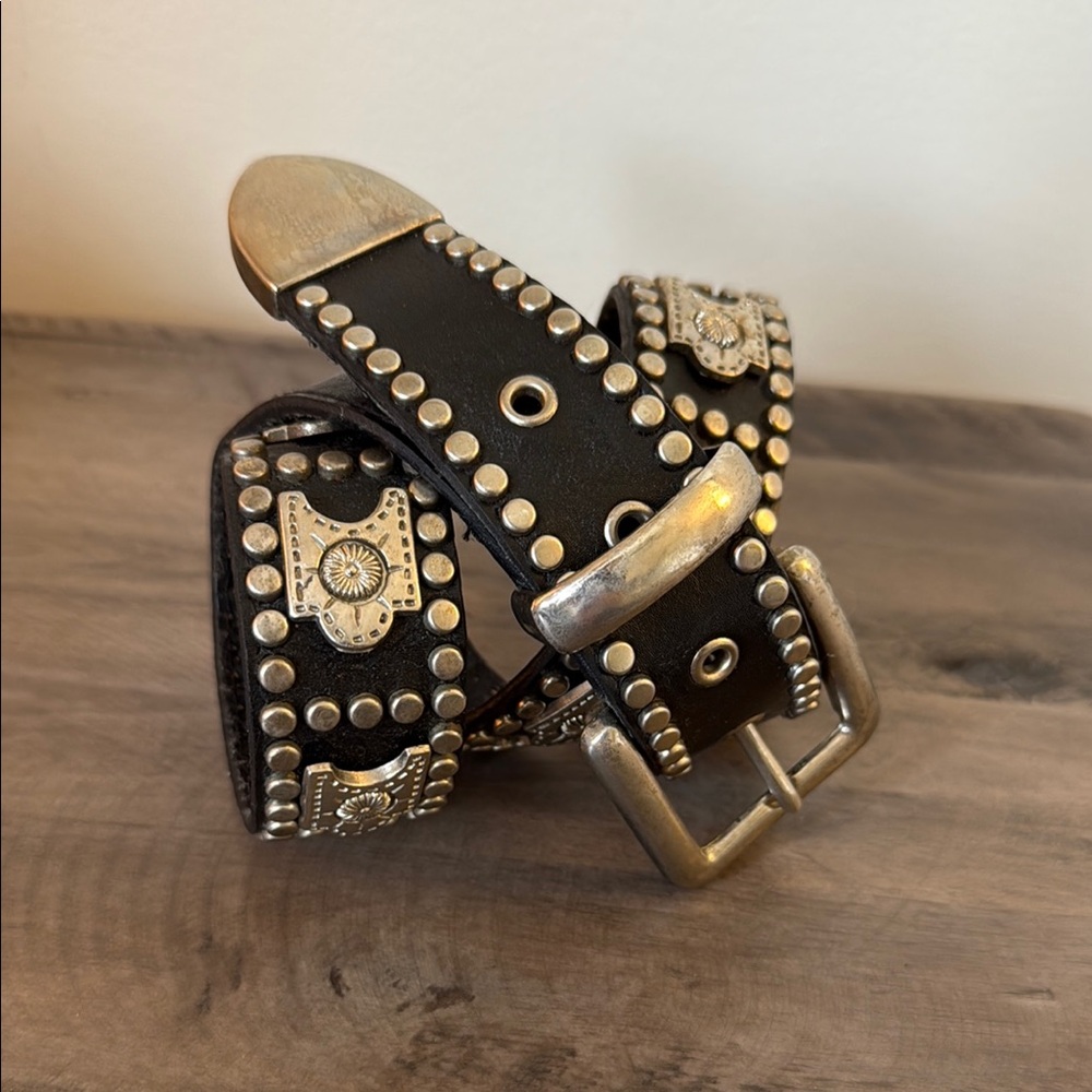 Vintage Studded Black Leather Belt with Silver Accents 34”